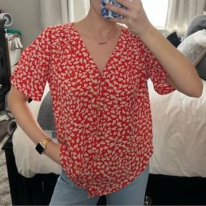 Red Floral Printed V-Neck Buttondown Blouse